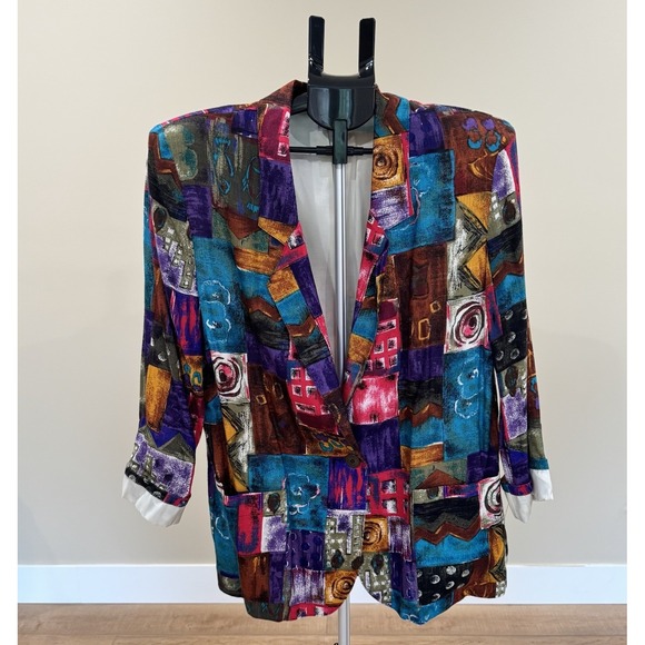 Vintage 80s Danielle B Blazer Jacket Womens Large Abstract Jewel Tones Geometric - Picture 2 of 9